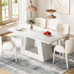 Faux Marble Dining Table, 63" Kitchen Table for 4 to 6 People