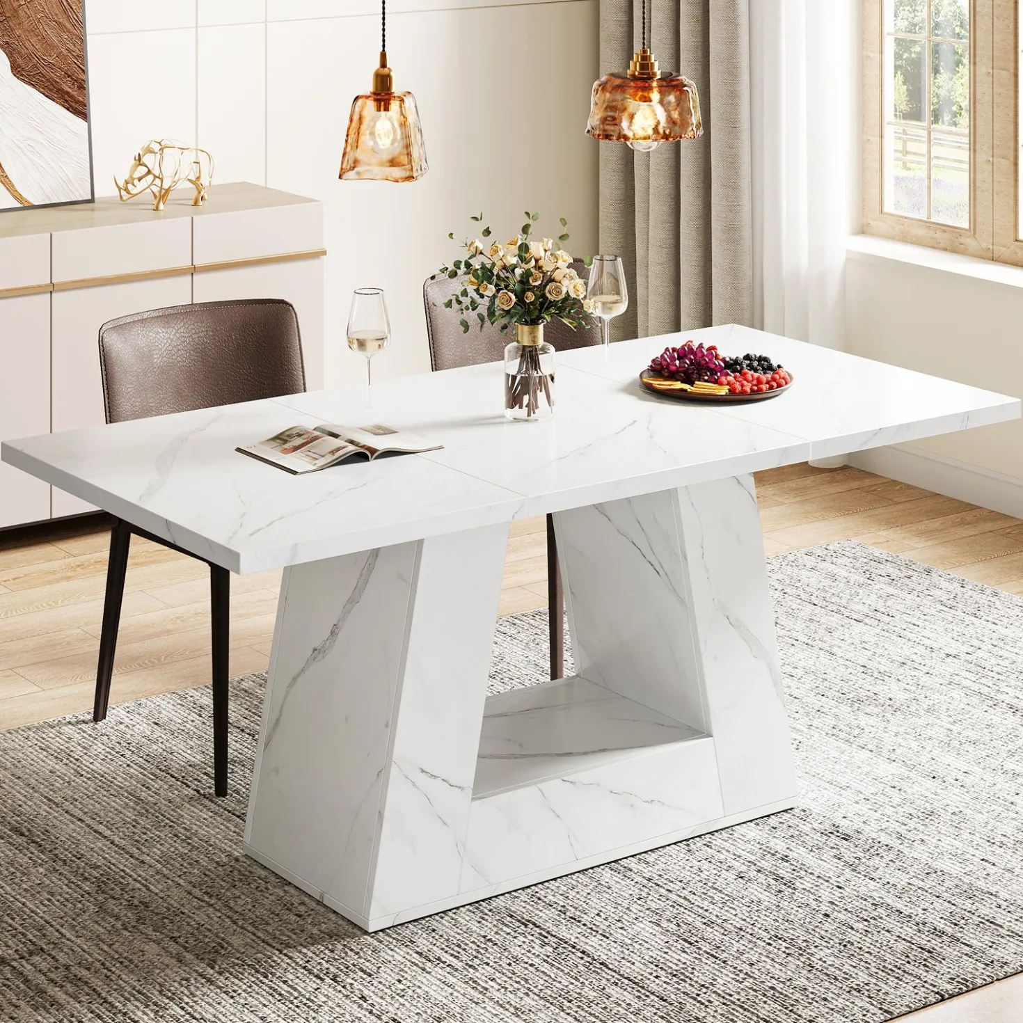Faux Marble Dining Table, 63" Kitchen Table for 4 to 6 People