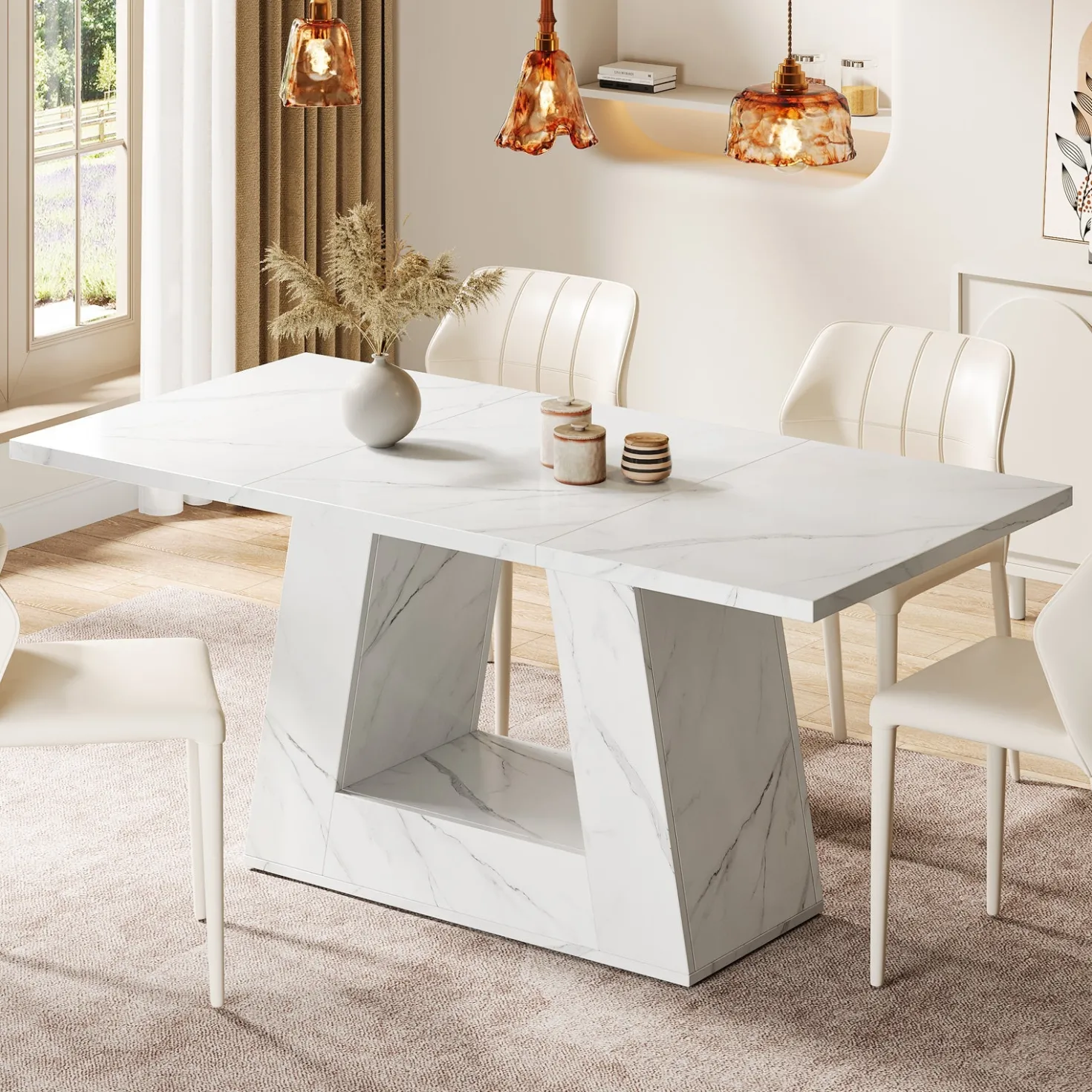 Faux Marble Dining Table, 63" Kitchen Table for 4 to 6 People