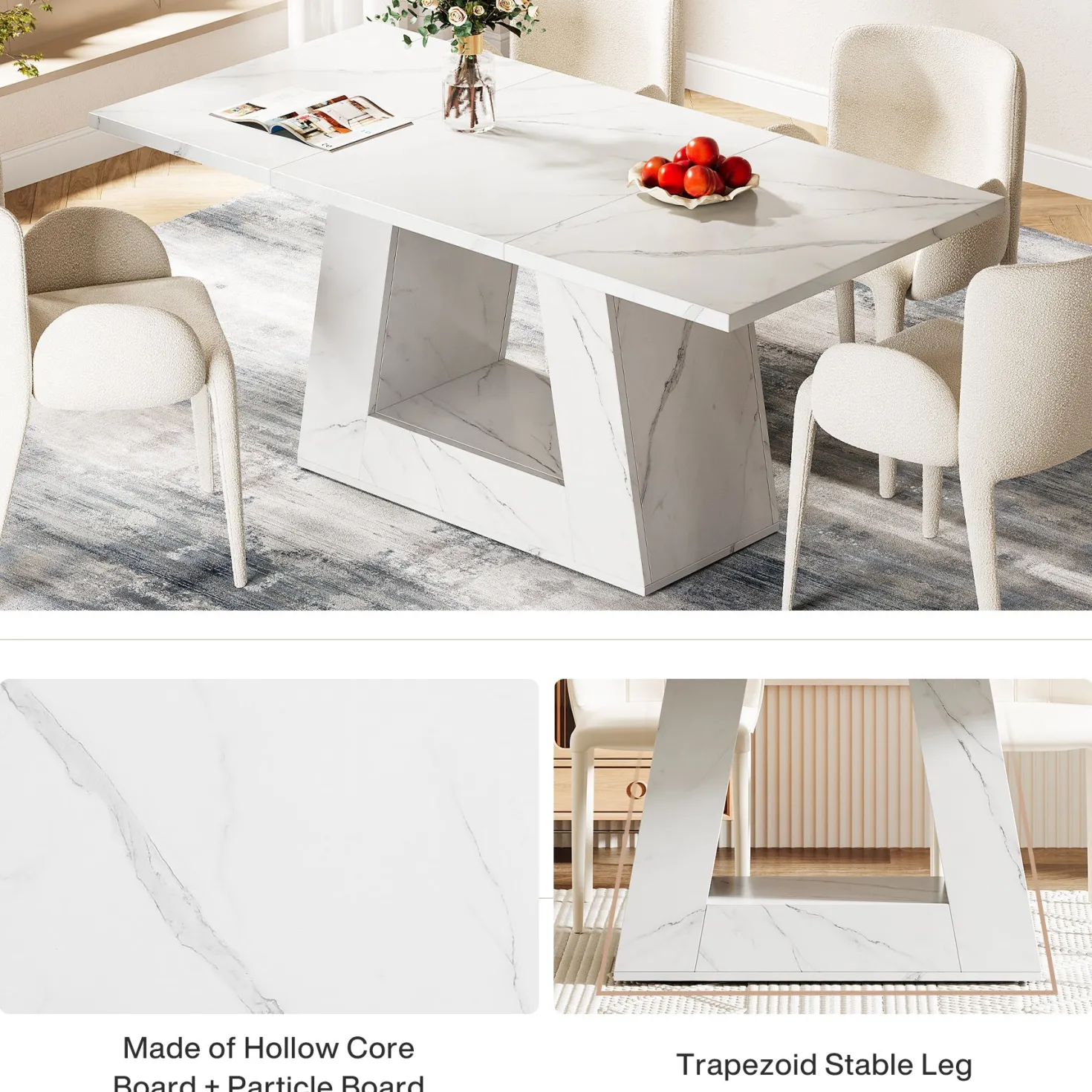 Faux Marble Dining Table, 63" Kitchen Table for 4 to 6 People
