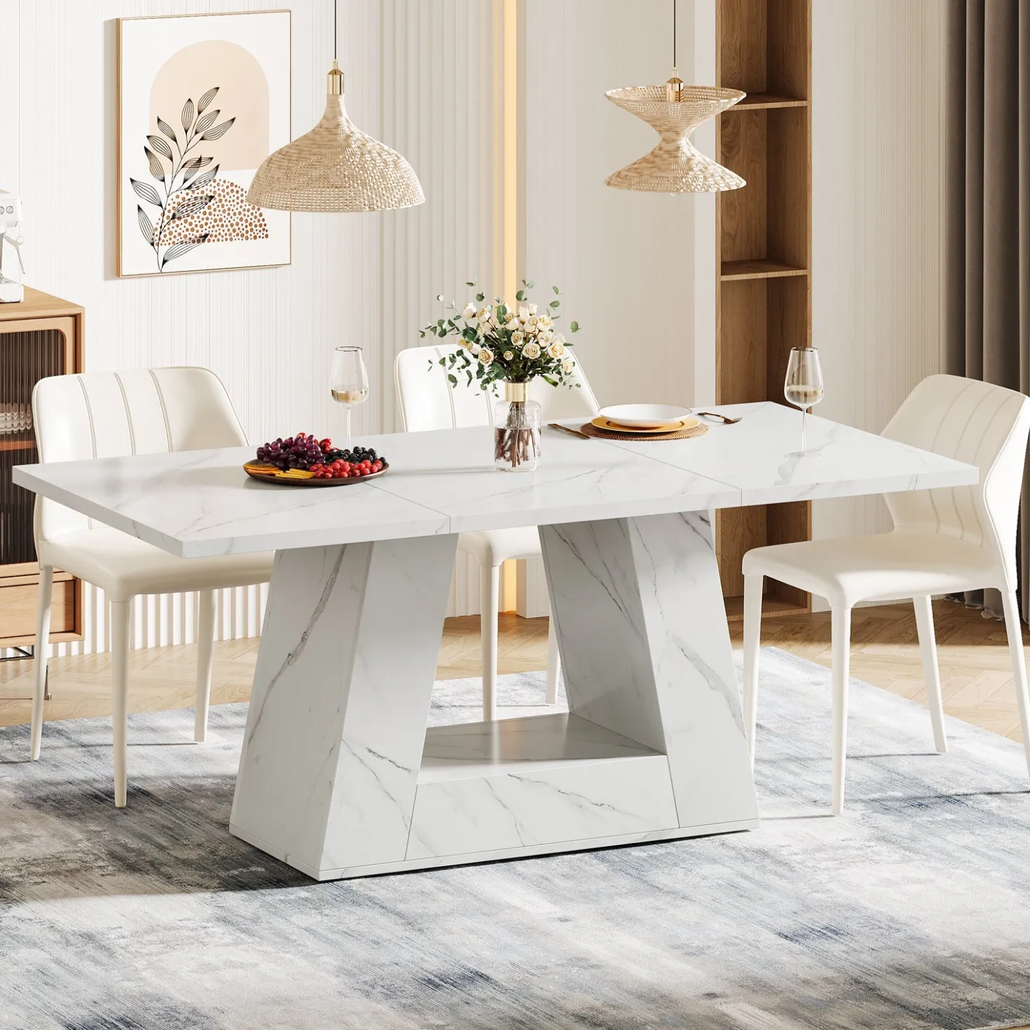 Faux Marble Dining Table, 63" Kitchen Table for 4 to 6 People