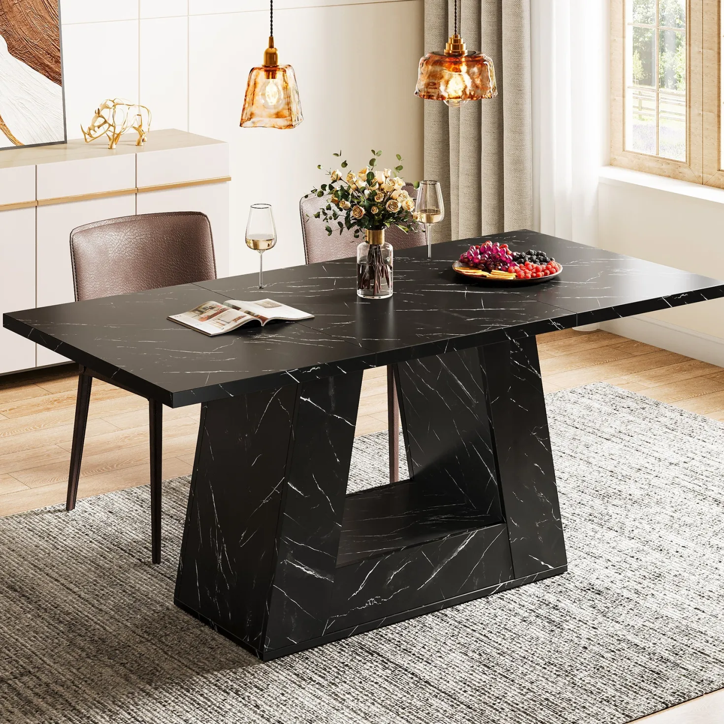 Faux Marble Dining Table, 63" Kitchen Table for 4 to 6 People