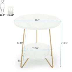 Faux Marble End Table, 2-Tier Round Sofa Bedside Table with Shelves