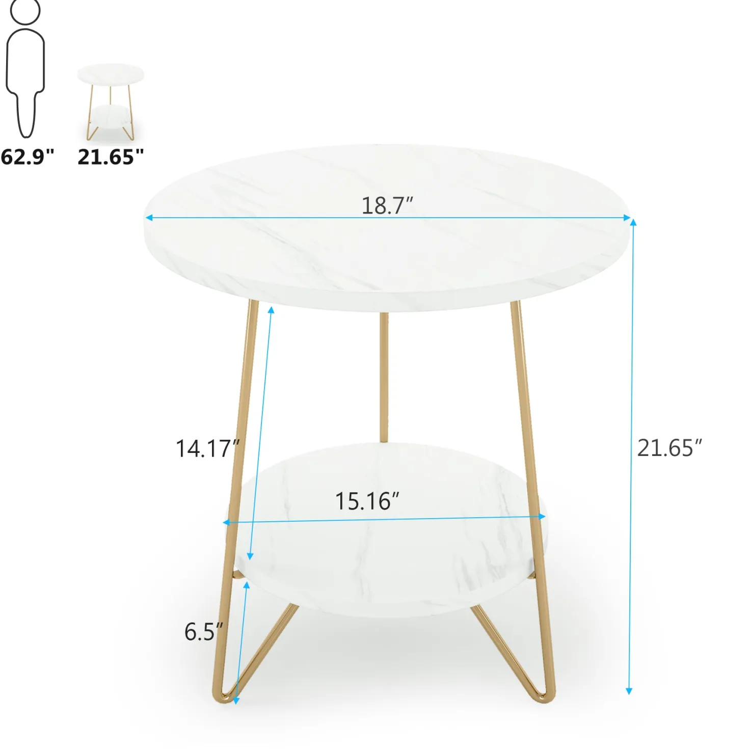 Faux Marble End Table, 2-Tier Round Sofa Bedside Table with Shelves