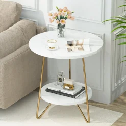 Faux Marble End Table, 2-Tier Round Sofa Bedside Table with Shelves