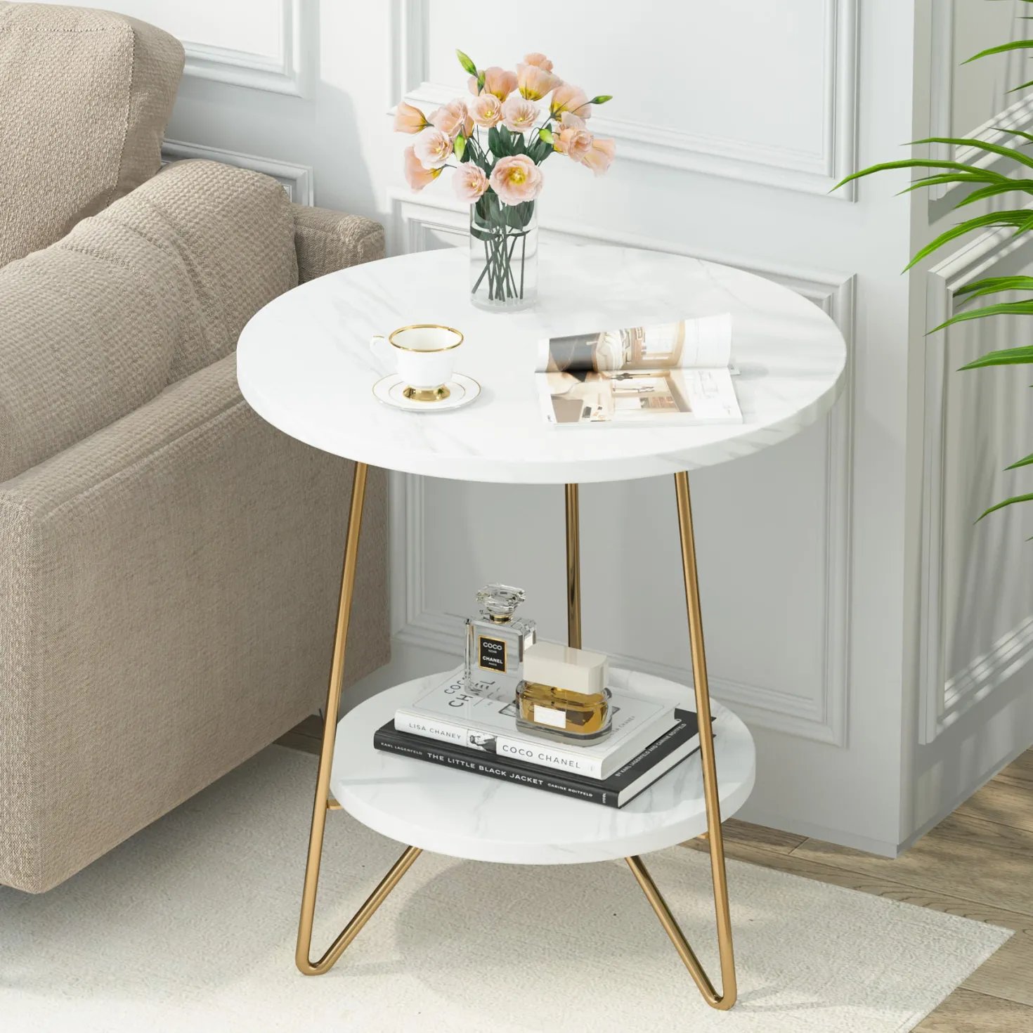 Faux Marble End Table, 2-Tier Round Sofa Bedside Table with Shelves