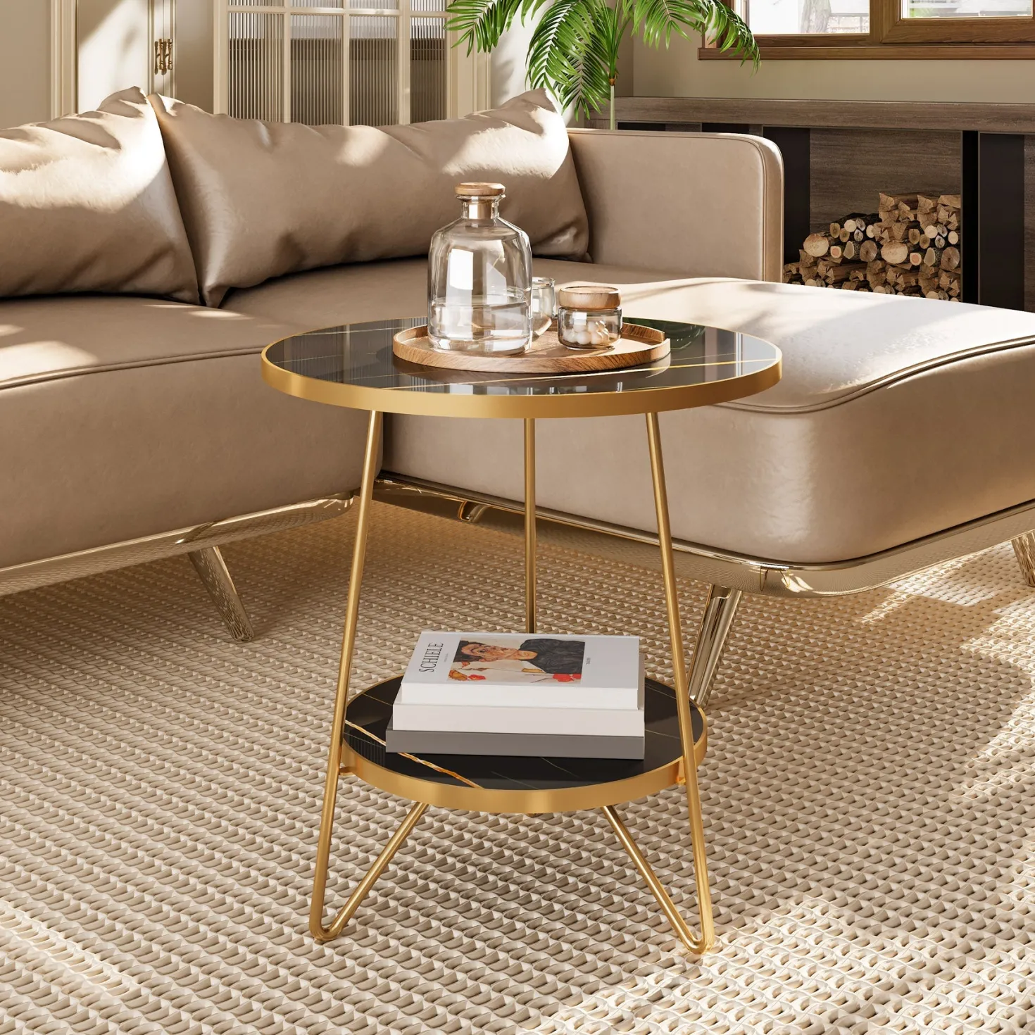 Faux Marble End Table, 2-Tier Round Sofa Bedside Table with Shelves