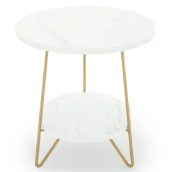 Faux Marble End Table, 2-Tier Round Sofa Bedside Table with Shelves