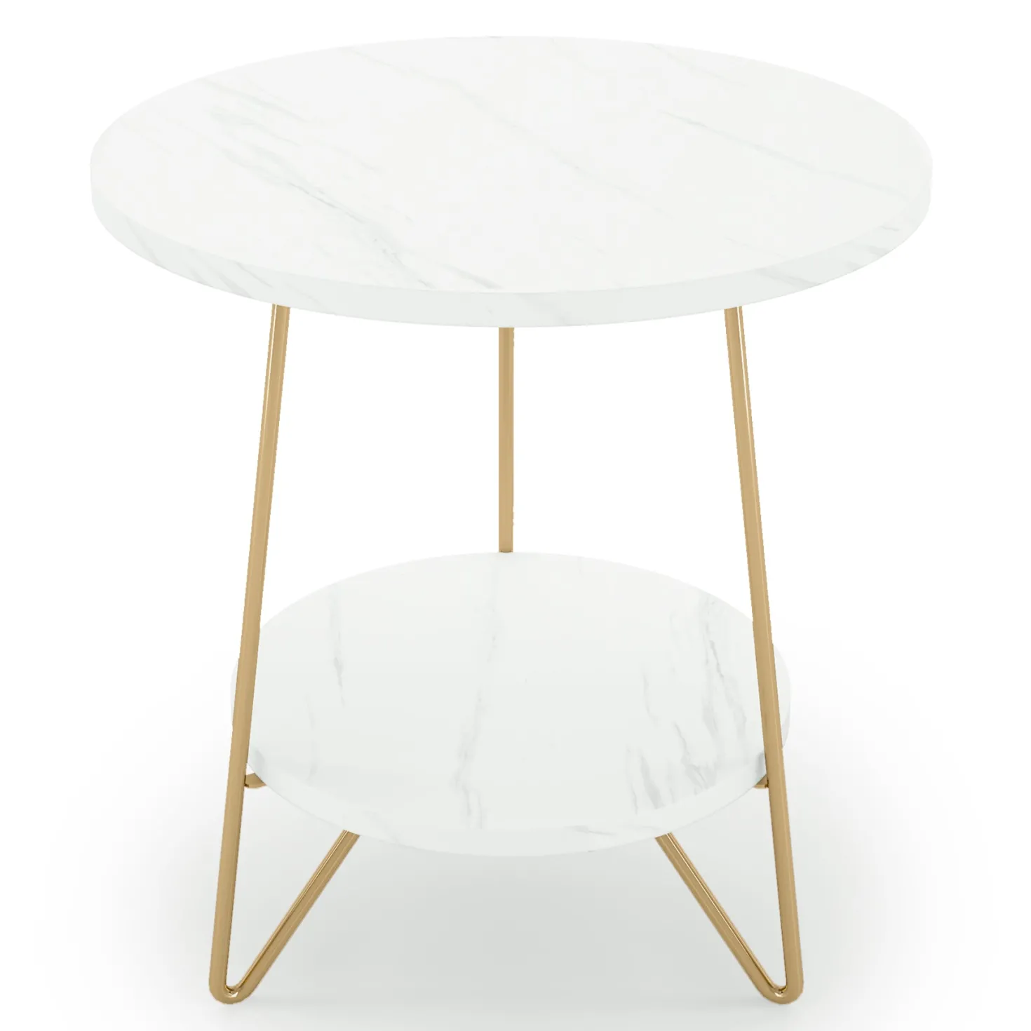 Faux Marble End Table, 2-Tier Round Sofa Bedside Table with Shelves