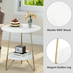 Faux Marble End Table, 2-Tier Round Sofa Bedside Table with Shelves