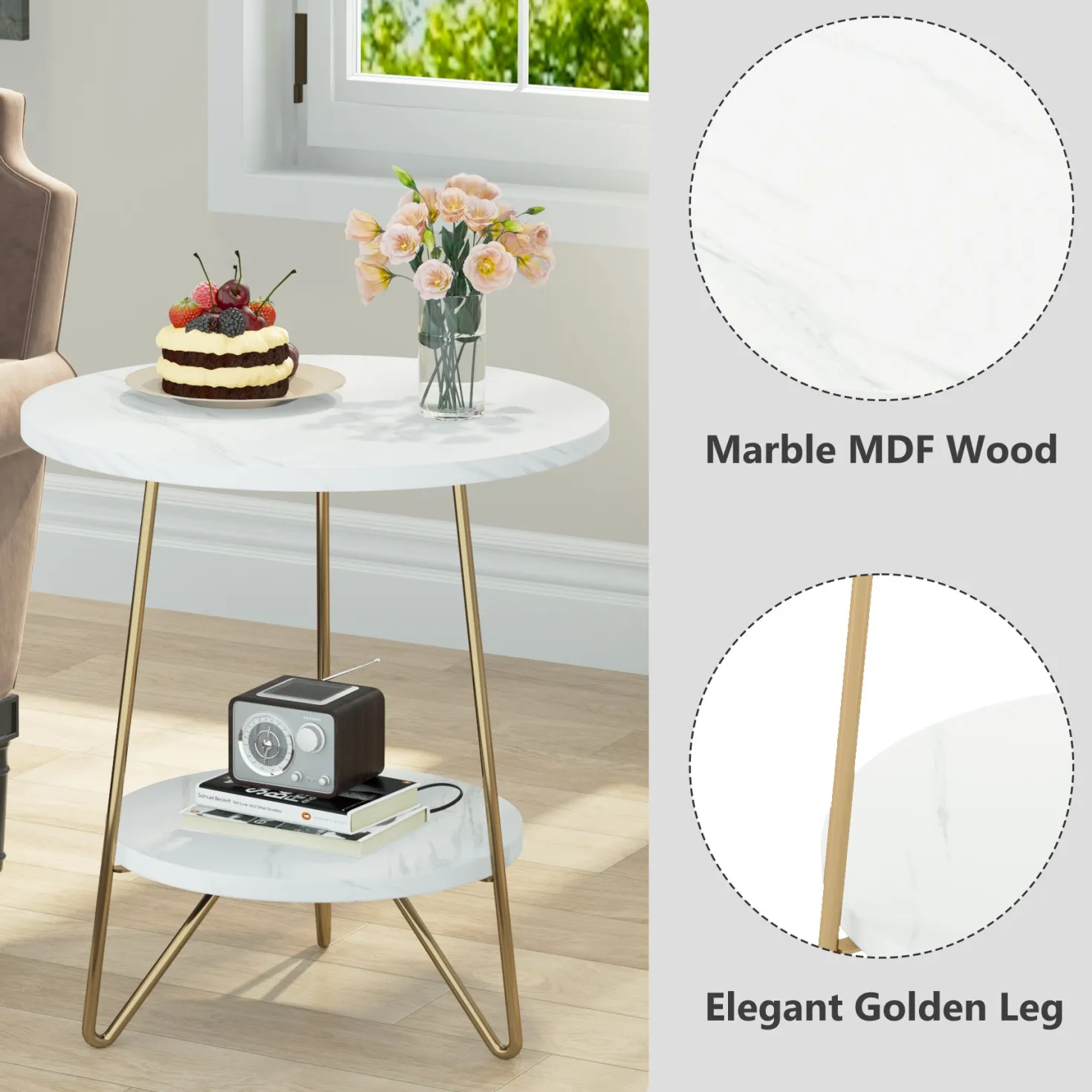 Faux Marble End Table, 2-Tier Round Sofa Bedside Table with Shelves