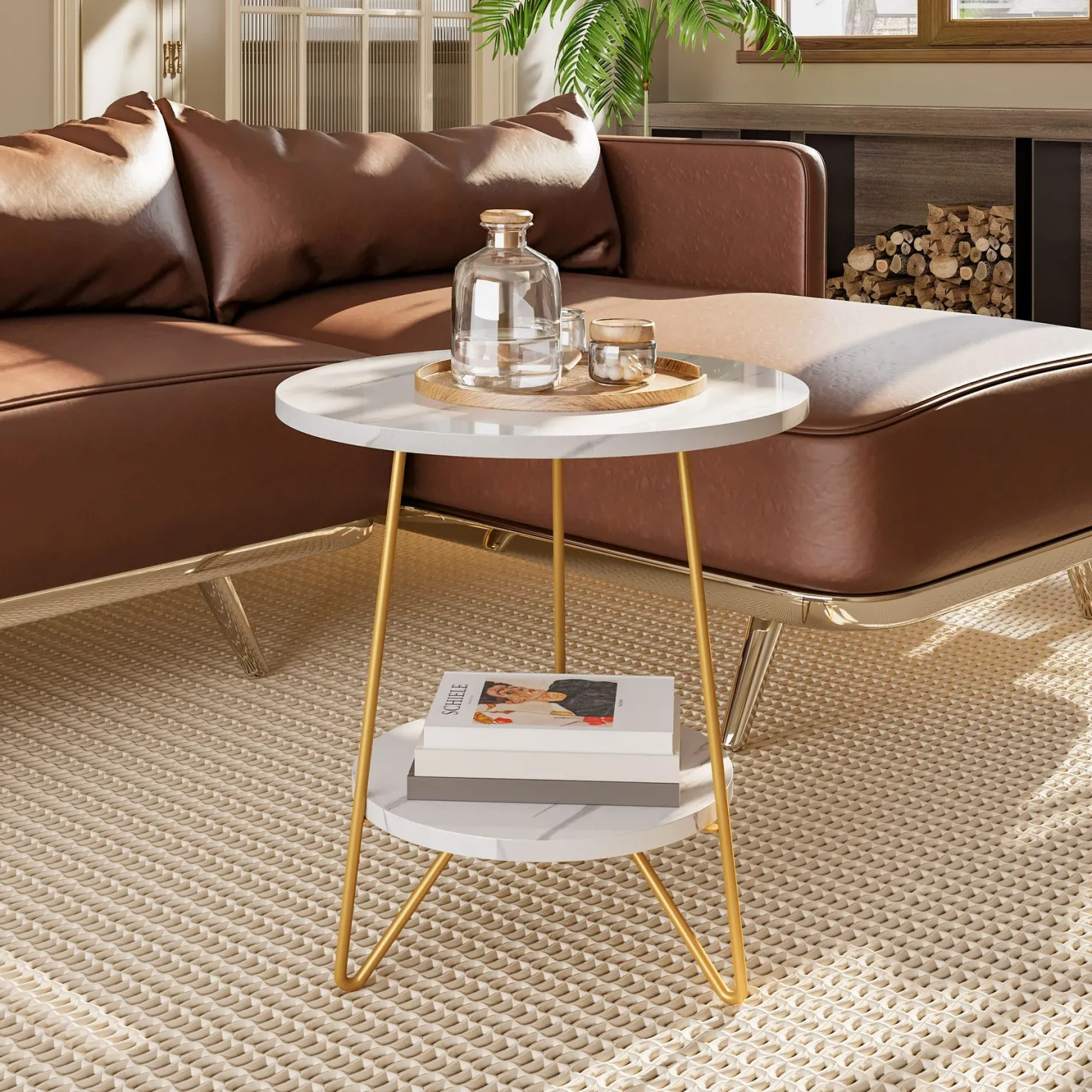 Faux Marble End Table, 2-Tier Round Sofa Bedside Table with Shelves