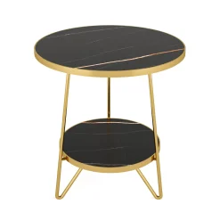 Faux Marble End Table, 2-Tier Round Sofa Bedside Table with Shelves