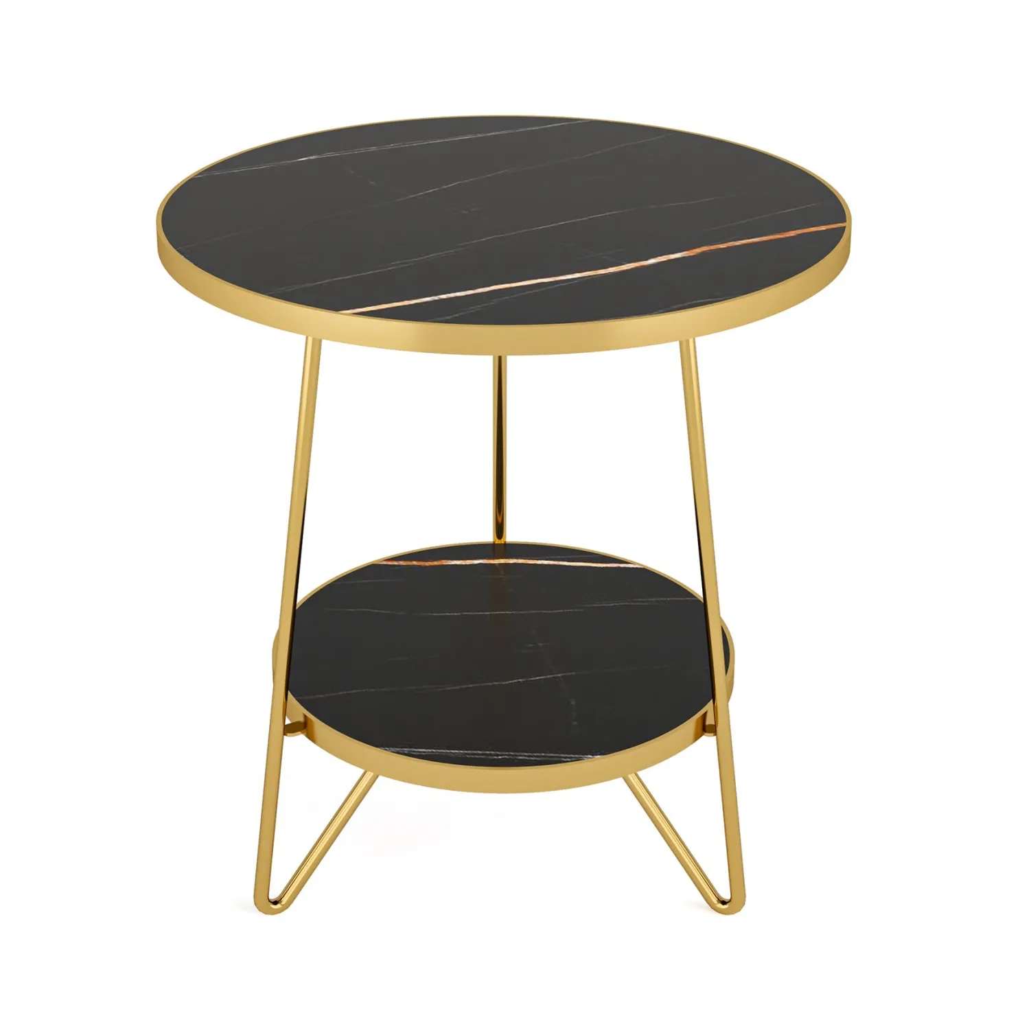 Faux Marble End Table, 2-Tier Round Sofa Bedside Table with Shelves