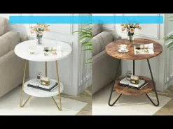 Faux Marble End Table, 2-Tier Round Sofa Bedside Table with Shelves