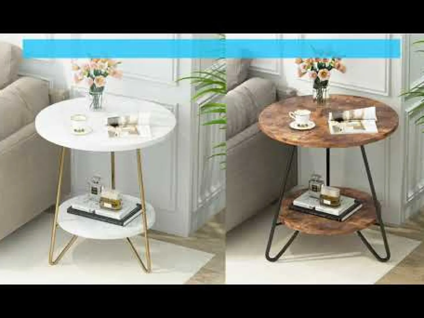 Faux Marble End Table, 2-Tier Round Sofa Bedside Table with Shelves