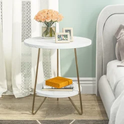 Faux Marble End Table, 2-Tier Round Sofa Bedside Table with Shelves