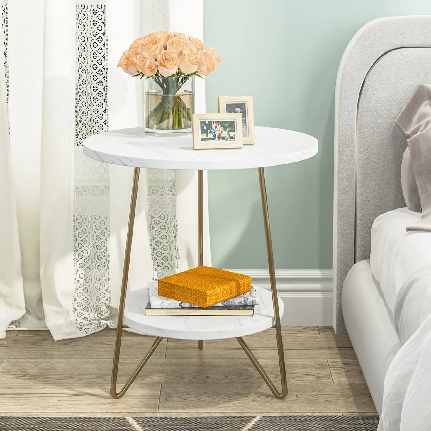 Faux Marble End Table, 2-Tier Round Sofa Bedside Table with Shelves