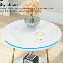 Faux Marble End Table, 2-Tier Round Sofa Bedside Table with Shelves
