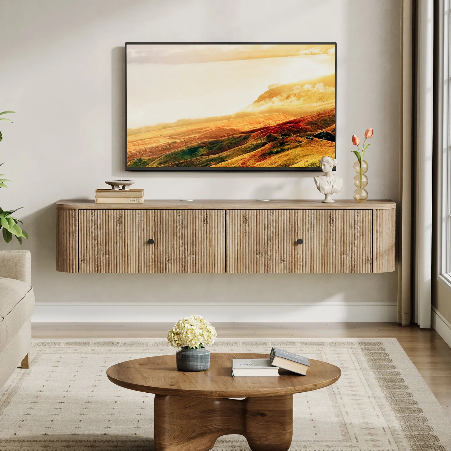 Floating TV Stand, 55" Wall Mounted Media Console with 2 Fluted Drawers