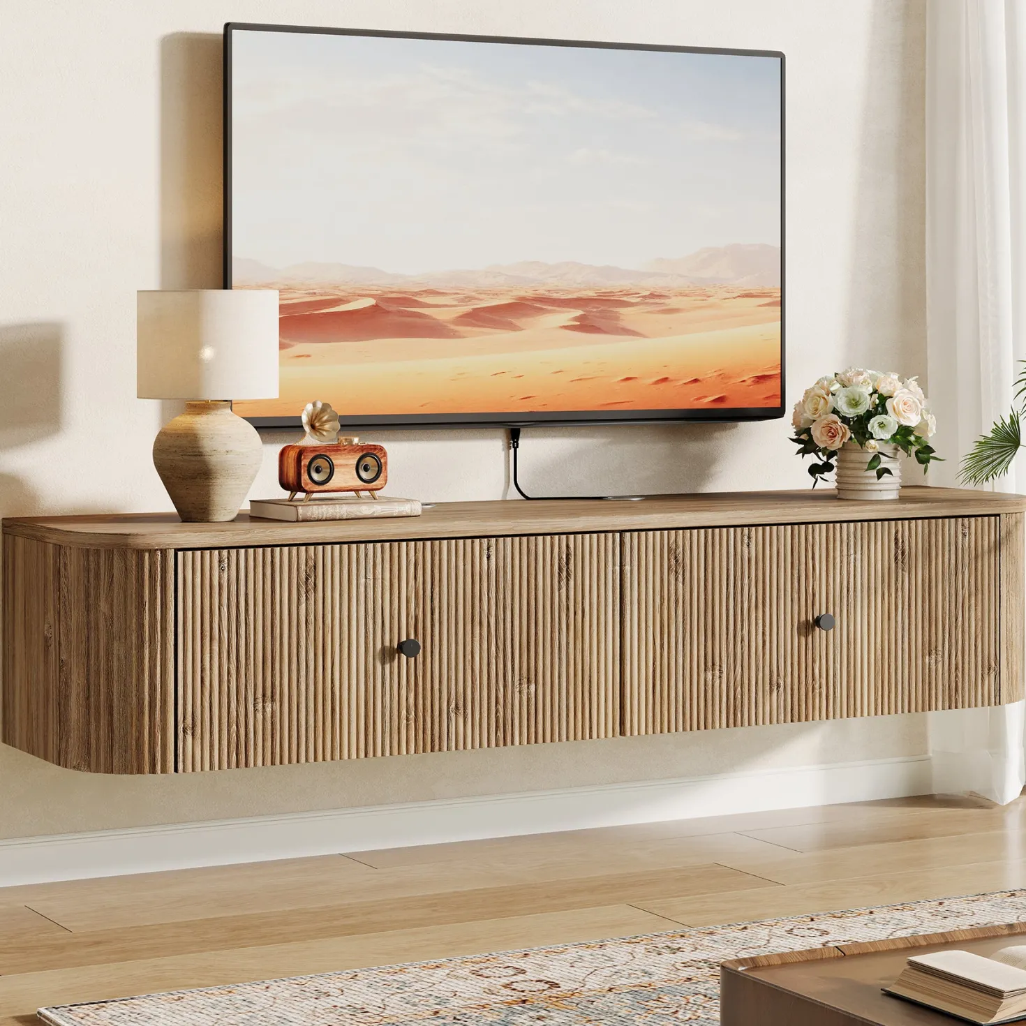 Floating TV Stand, 55" Wall Mounted Media Console with 2 Fluted Drawers