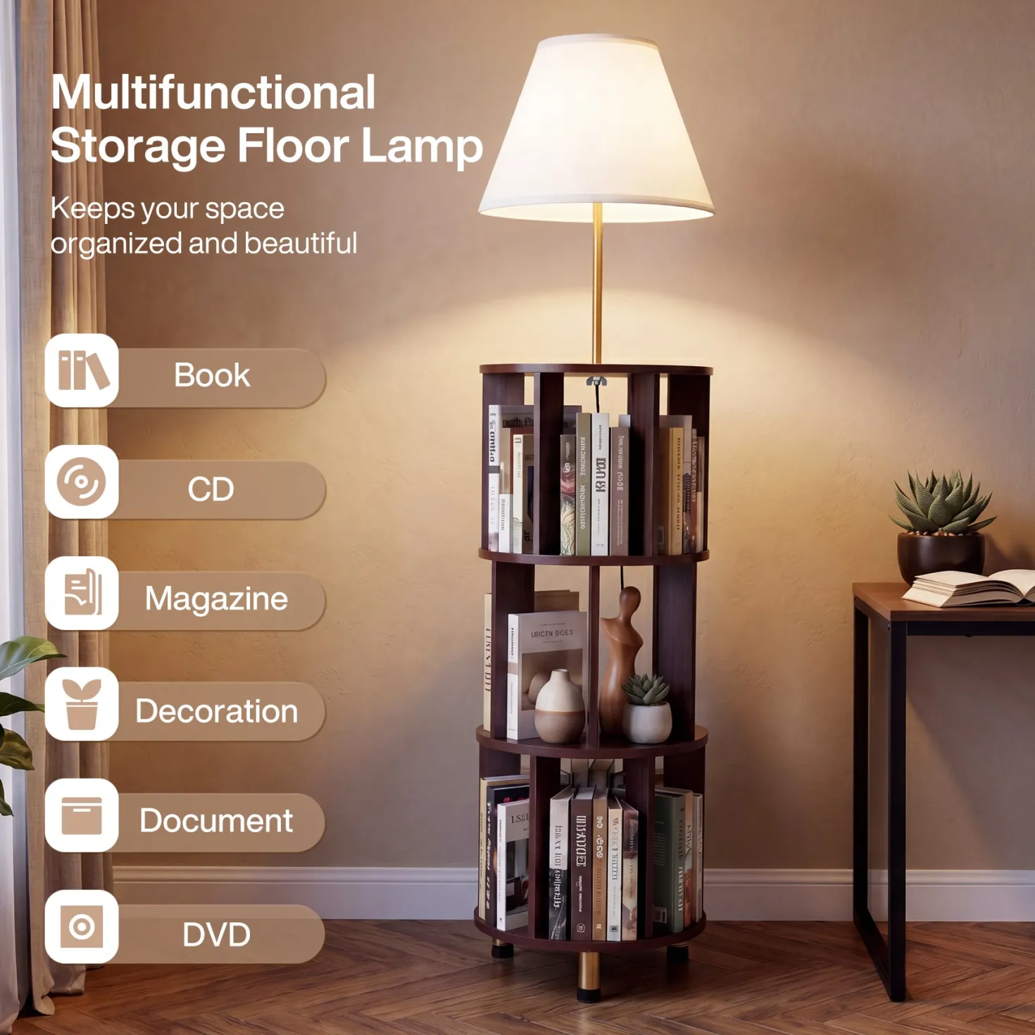 Floor Lamp with 3-Tier Open Bookshelf, 62.2" Tall Standing Lamp for Home Office