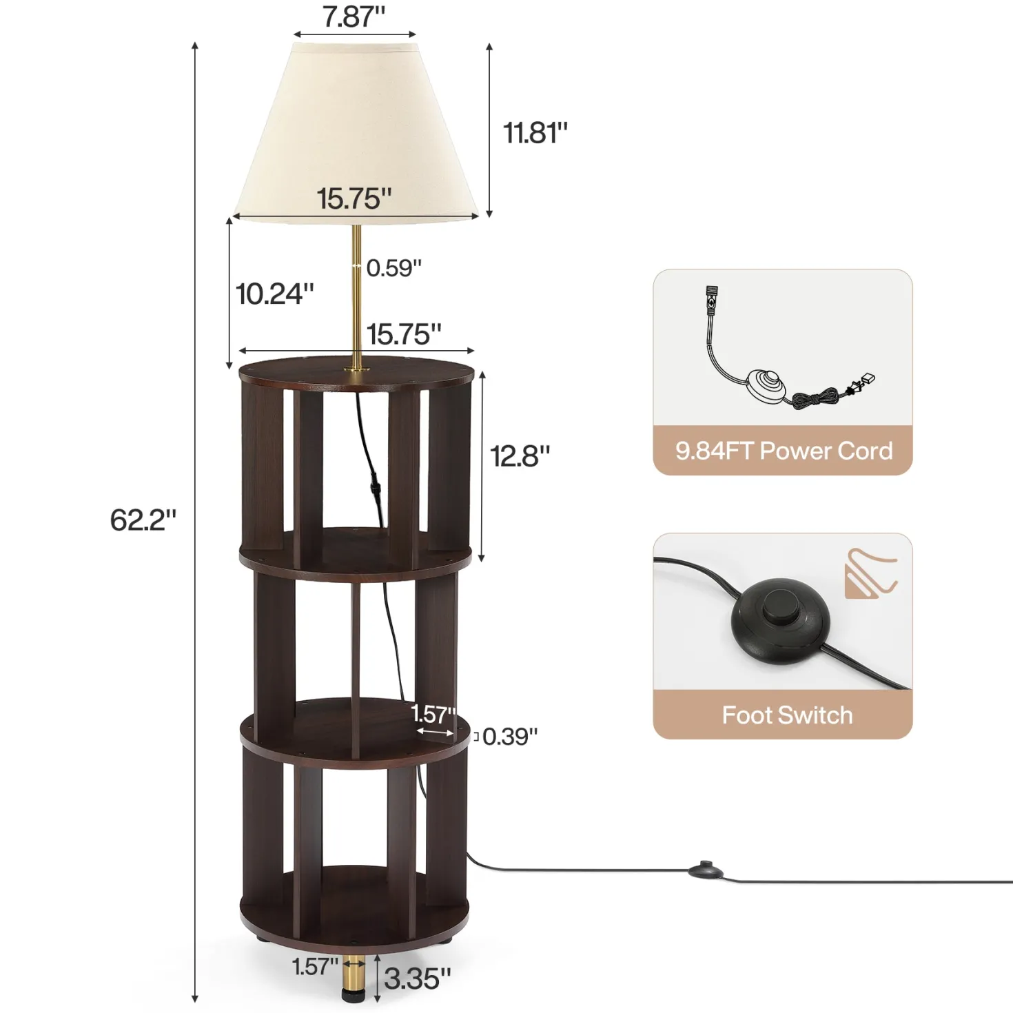 Floor Lamp with 3-Tier Open Bookshelf, 62.2" Tall Standing Lamp for Home Office