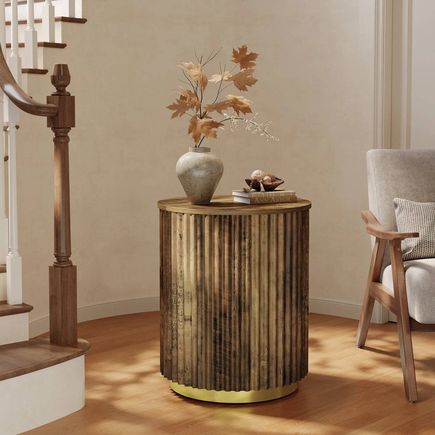 Fluted Round End Table, Small Side Table Nightstand for Living Room, Bedroom