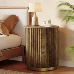 Fluted Round End Table, Small Side Table Nightstand for Living Room, Bedroom