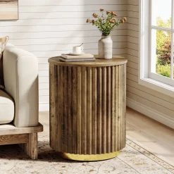 Fluted Round End Table, Small Side Table Nightstand for Living Room, Bedroom