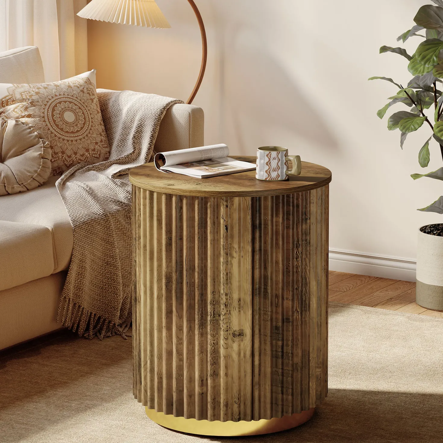 Fluted Round End Table, Small Side Table Nightstand for Living Room, Bedroom