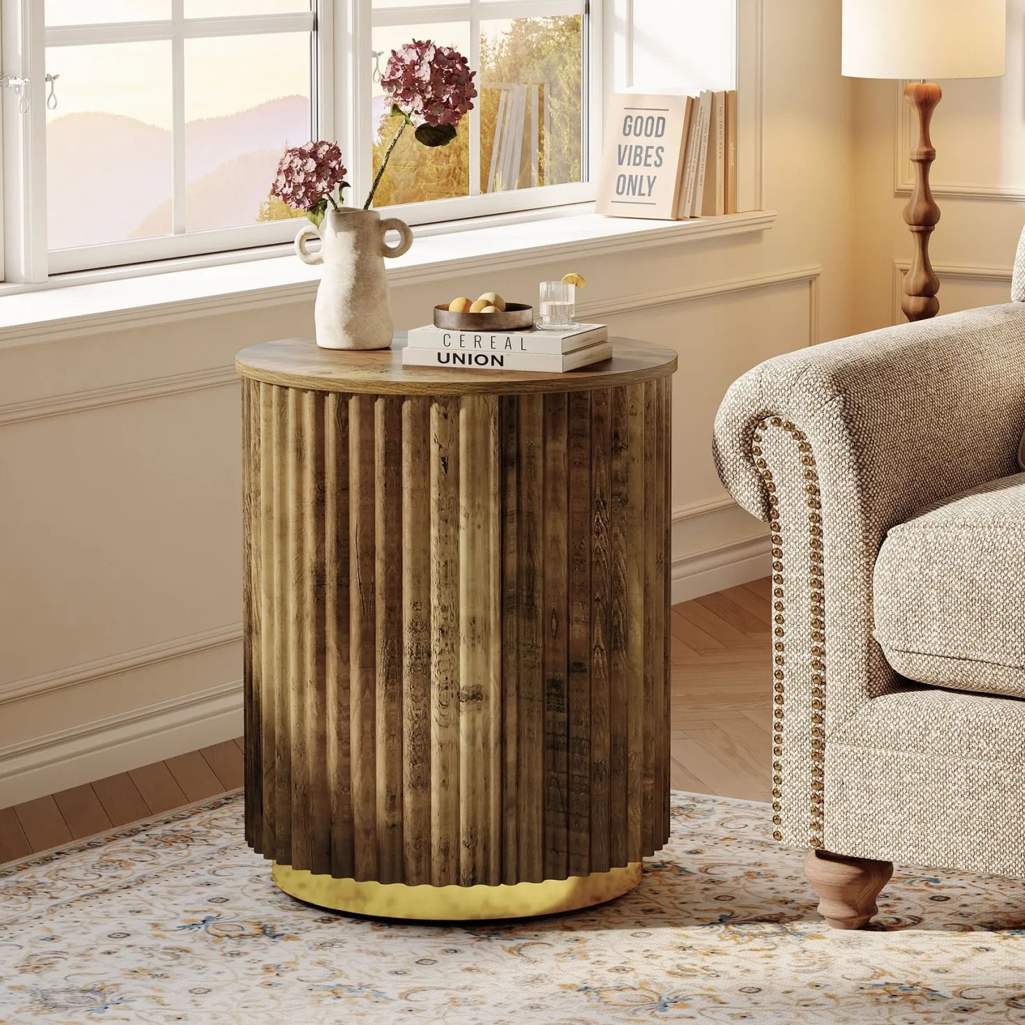Fluted Round End Table, Small Side Table Nightstand for Living Room, Bedroom