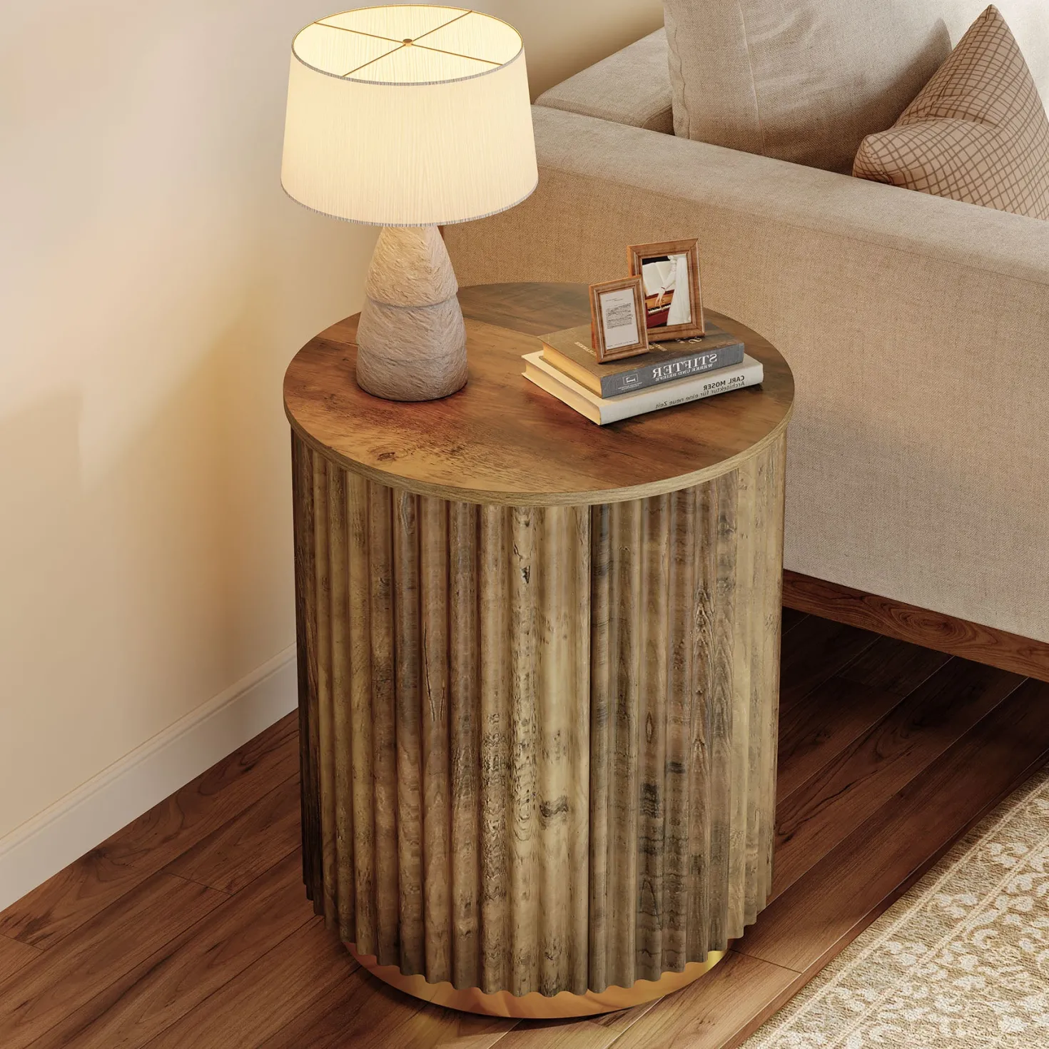 Fluted Round End Table, Small Side Table Nightstand for Living Room, Bedroom