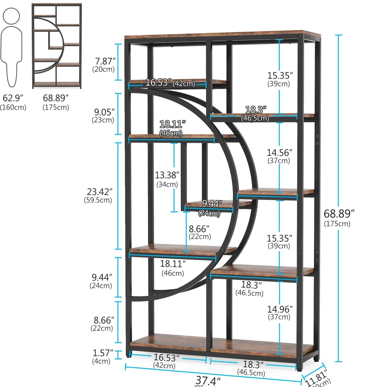 Freestanding Bookshelf, 68.9" Etagere Bookcase with 9 Open Shelves