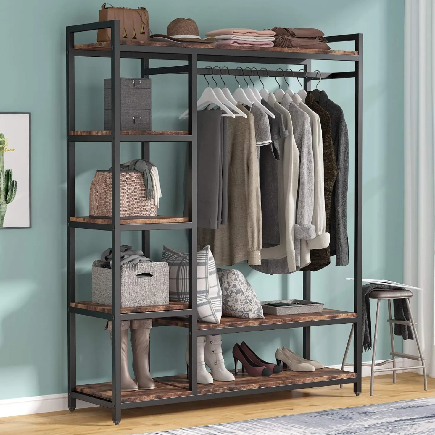 Freestanding Closet Organizer, Garment Rack with 6 Shelves