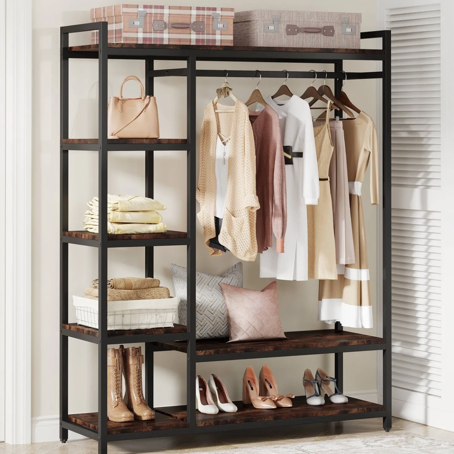 Freestanding Closet Organizer, Garment Rack with 6 Shelves