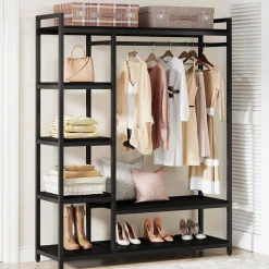 Freestanding Closet Organizer with 6 Shelves and Hanging Bar