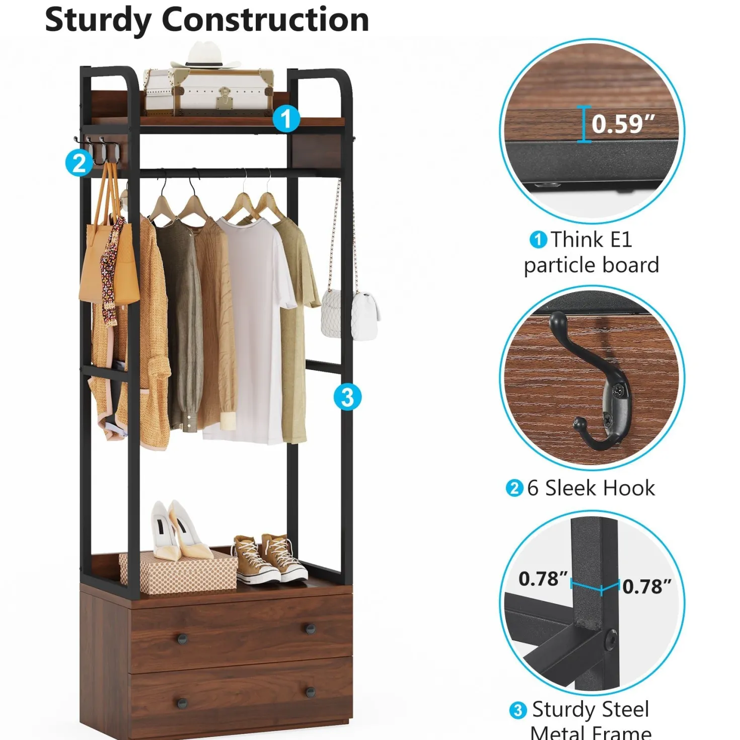 Freestanding Closet Organizer, Coat Rack with Drawers and Shelves