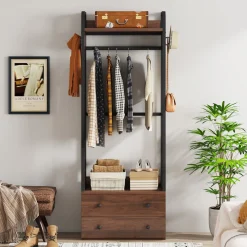 Freestanding Closet Organizer, Coat Rack with Drawers and Shelves
