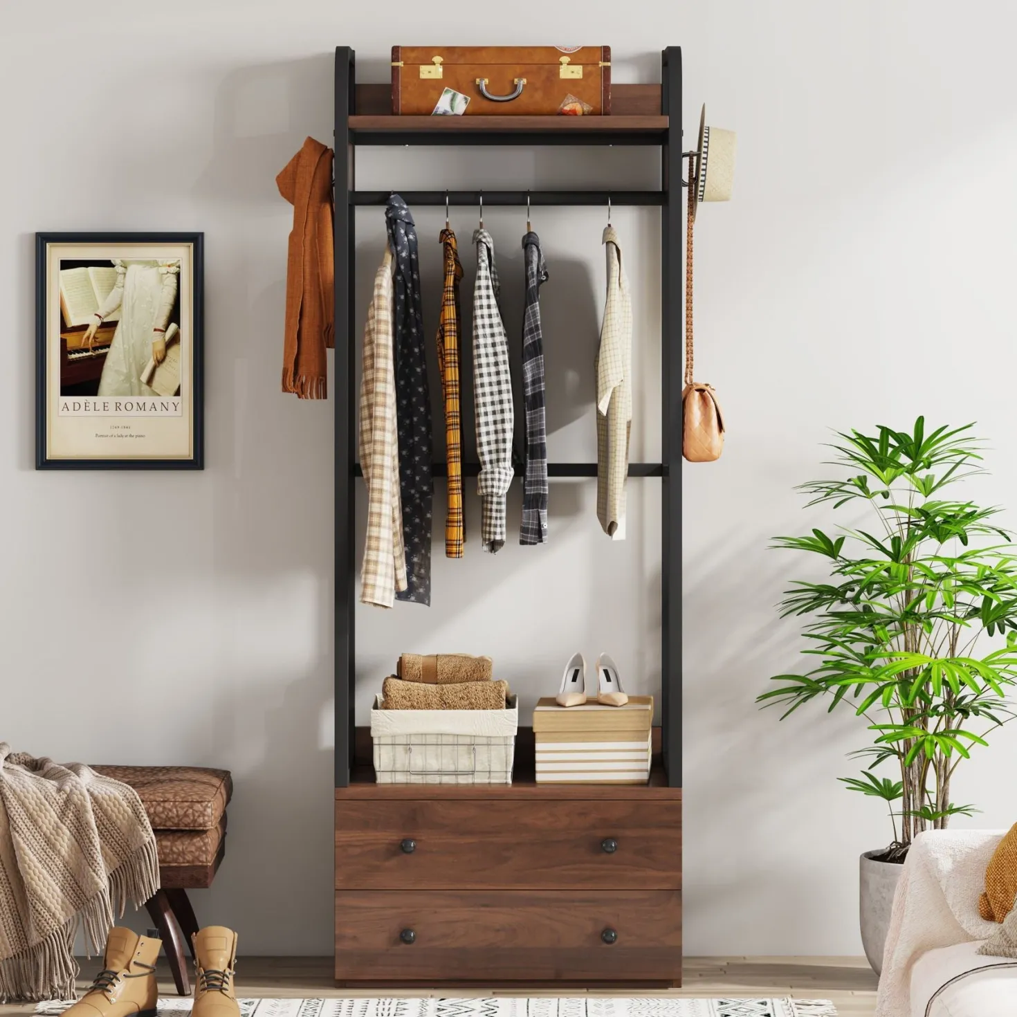 Freestanding Closet Organizer, Coat Rack with Drawers and Shelves