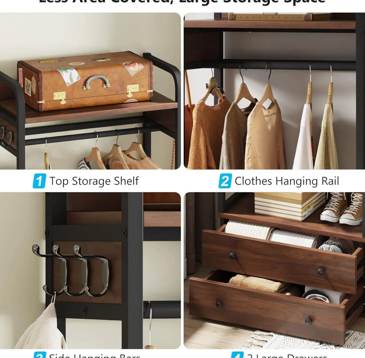 Freestanding Closet Organizer, Coat Rack with Drawers and Shelves