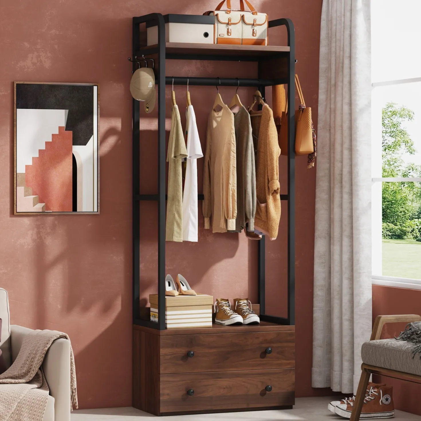 Freestanding Closet Organizer, Coat Rack with Drawers and Shelves