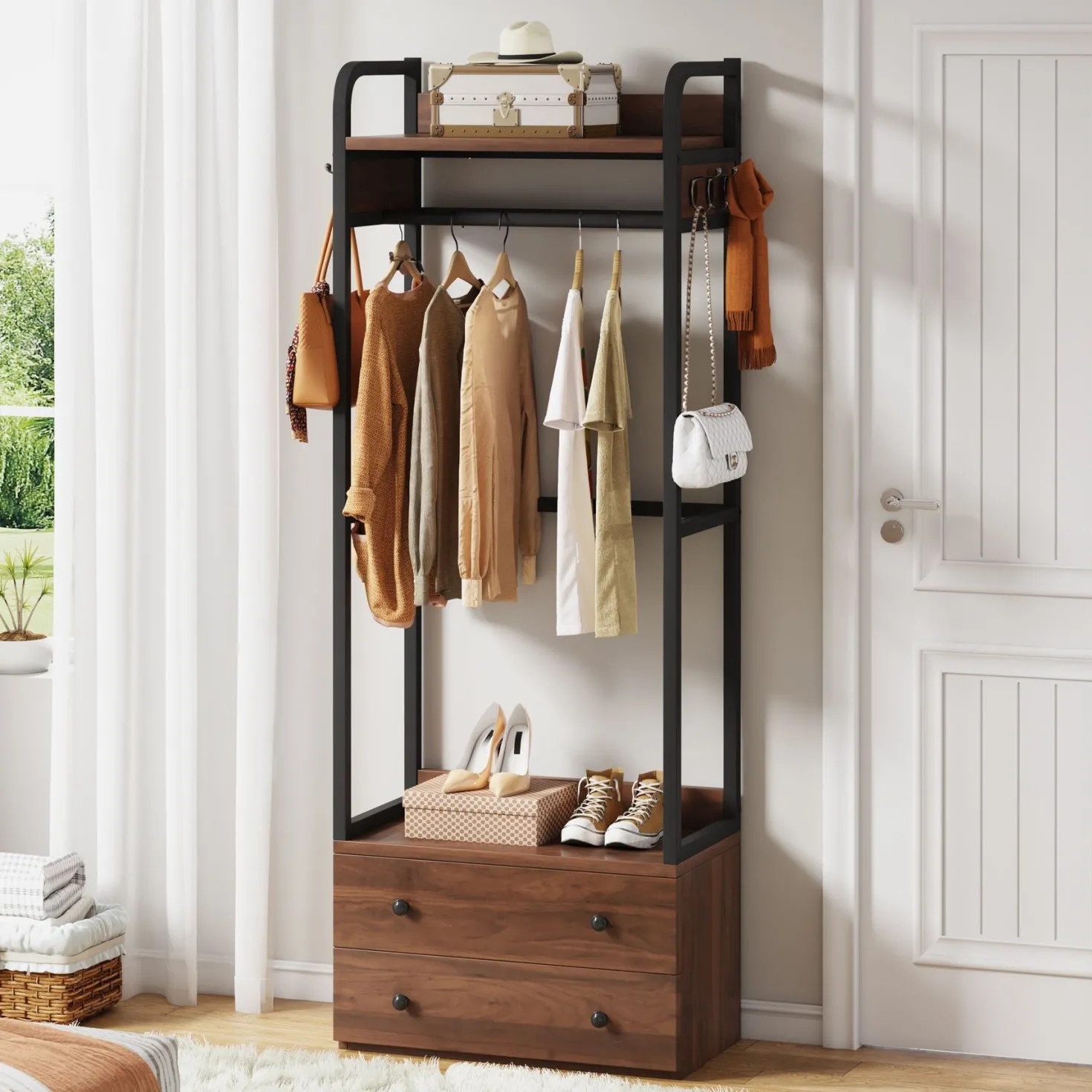 Freestanding Closet Organizer, Coat Rack with Drawers and Shelves