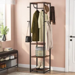 Freestanding Coat Rack, Industrial Corner Hall Tree with 4 Shelves 8 Hooks