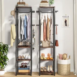Freestanding Coat Rack, Industrial Corner Hall Tree with 4 Shelves 8 Hooks