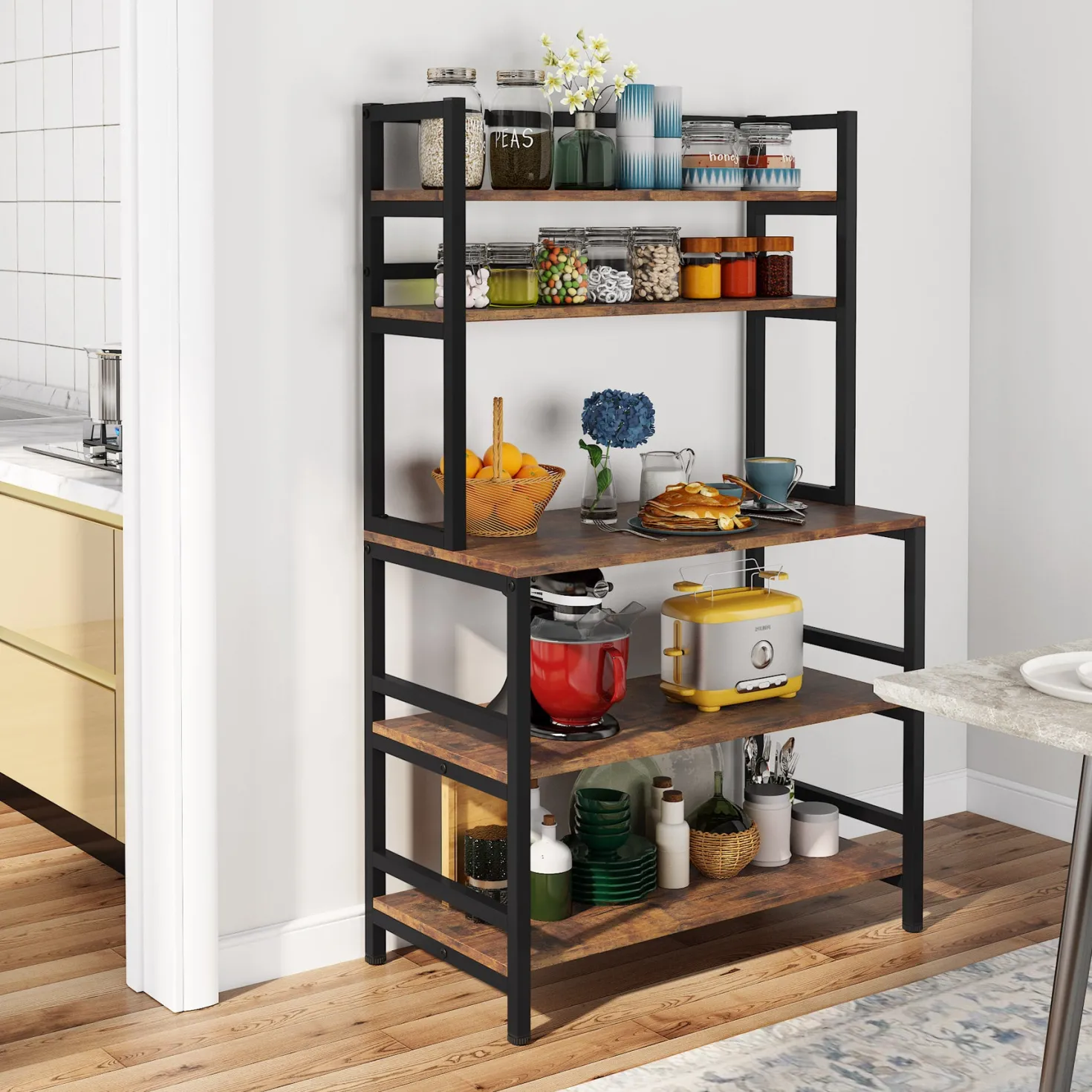 Freestanding Kitchen Baker's Rack, 5-Tier Microwave Oven Stand with Hutch