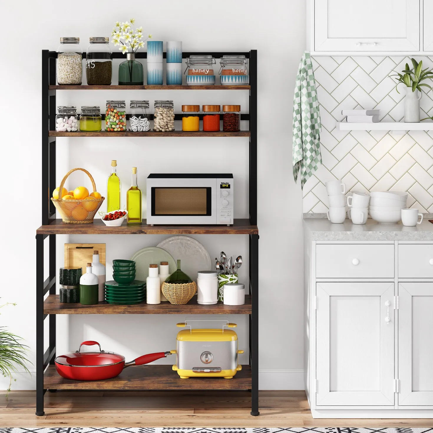 Freestanding Kitchen Baker's Rack, 5-Tier Microwave Oven Stand with Hutch