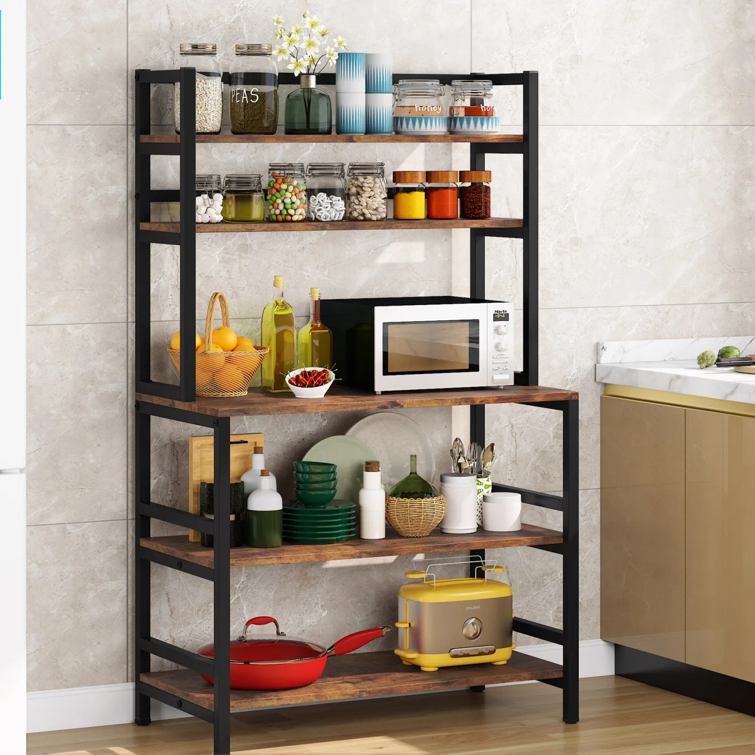Freestanding Kitchen Baker's Rack, 5-Tier Microwave Oven Stand with Hutch