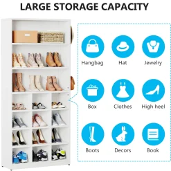 Freestanding Shoe Cabinet, 24 Pair Shoe Rack with Side Hooks