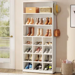 Freestanding Shoe Cabinet, 24 Pair Shoe Rack with Side Hooks
